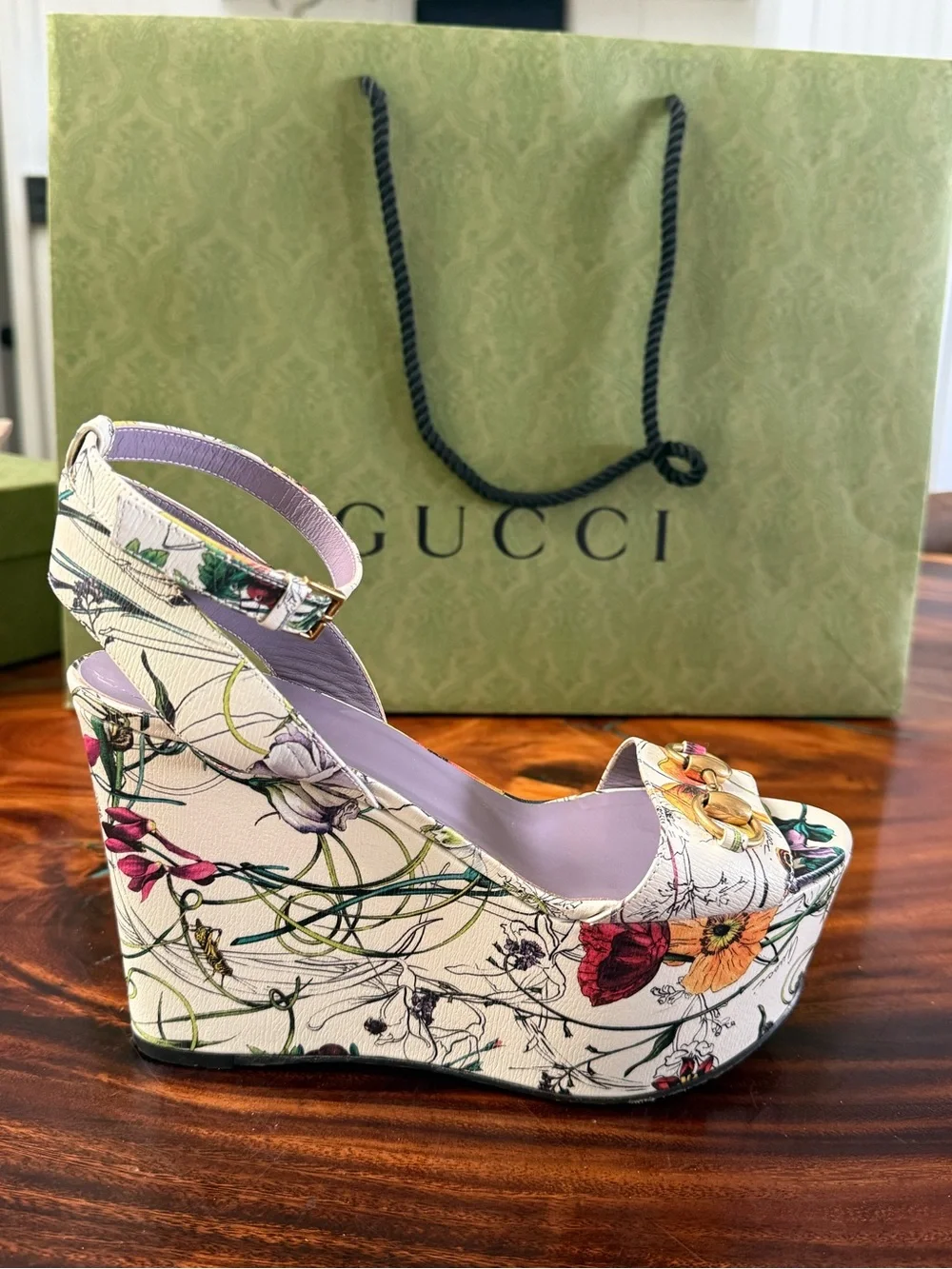 Gucci Floral Platform Sandals in White with Lavender Insole and Gold Hardware
